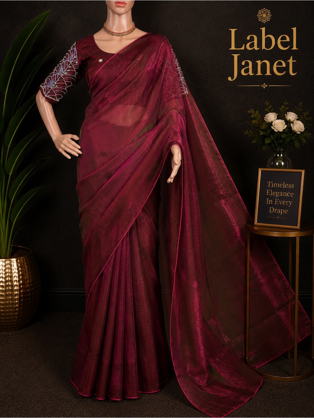 Burgundy plain space silk saree with embroidered stitched blouse (Brand new)
